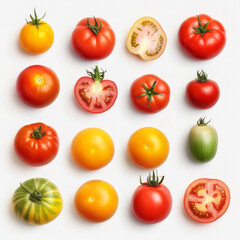Different types of tomatoes on a white background. Red, yellow and green tomatoes.