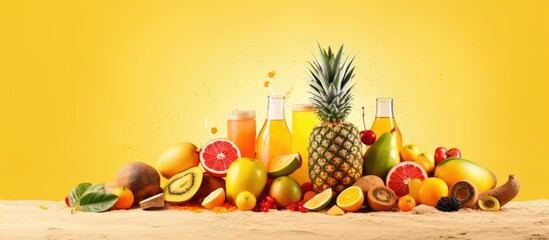 Vibrant banner with tropical fruit and juices spilling from a reusable bag in a healthy diet concept