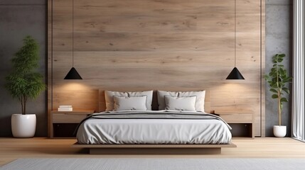 Bedroom furniture display with space for text and wooden wall background, background image, AI generated