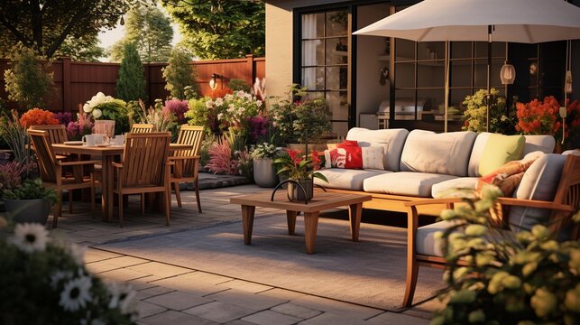 An image featuring a beautifully furnished outdoor patio or garden area with a variety of outdoor furniture pieces, with designated areas for text, background image, AI generated
