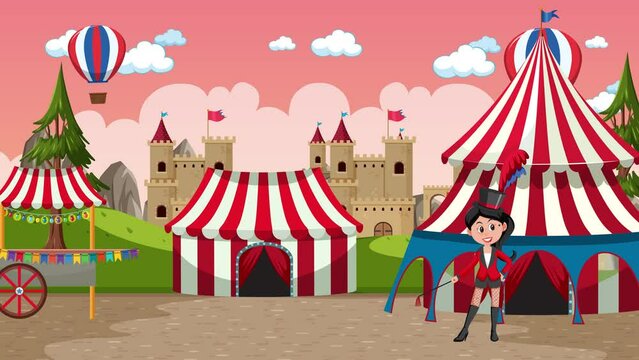 Two female circus performers invite people to a show in a tent at a lively fun fair with rides, ferris wheel, roller coaster, hot air balloon, and castle.