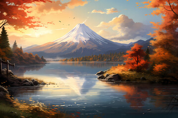 kawaguchiko with autumn leaves at sunset - obrazy, fototapety, plakaty