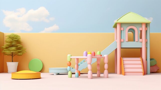 Kids playground furniture display with space for text and pastel background, background image, AI generated