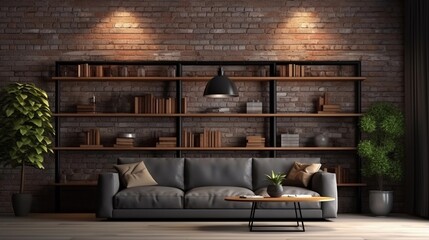 Living room furniture display with space for text and wooden and brick wall background, background image, AI generated