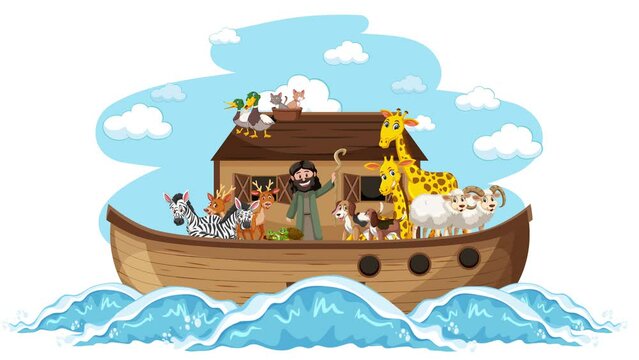 Noah's Ark boat floating on flood water with animals on board