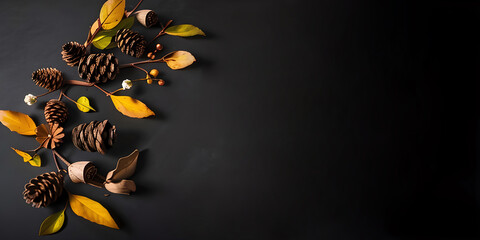 top view autumn element with pine cone in black background ai generated