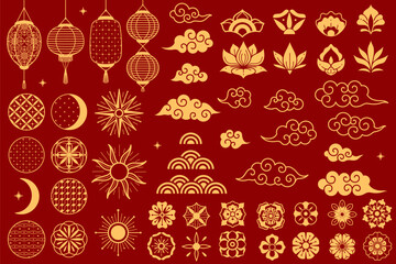 Fototapeta na wymiar Asia elements. chinese festive decorative gold traditional symbols, lotus flowers and lanterns