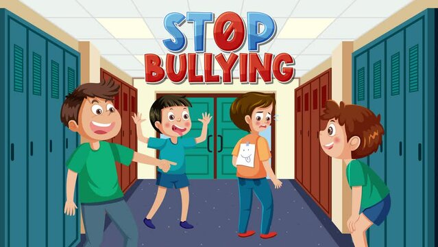 School hallway background with stop bully sign and boy students bullying another boy student.