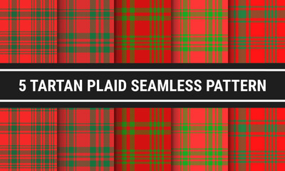 Red Green Set Plaid Tartan Seamless Pattern For Christmas. Checkered fabric texture for flannel shirt, skirt, blanket
