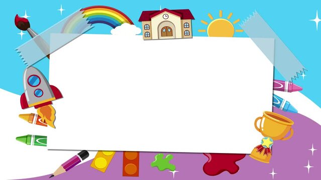 Animation featuring school tools like pencils and trophies in a border frame.