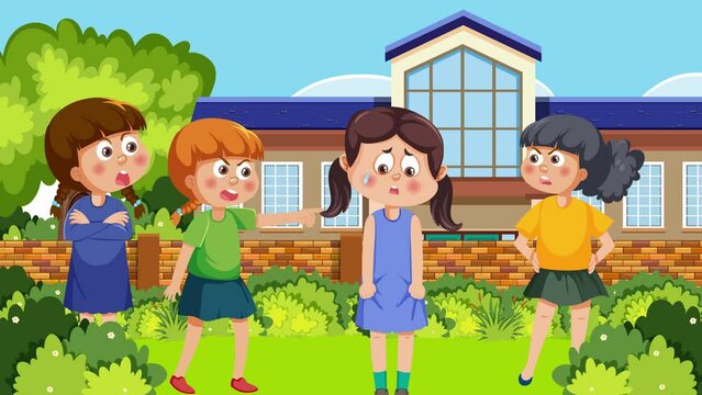 School outdoor yard background with a girl student being bullied by other students.