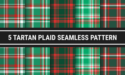 Green Red White Set Plaid Tartan Seamless Pattern For Christmas. Checkered fabric texture for flannel shirt, skirt, blanket
