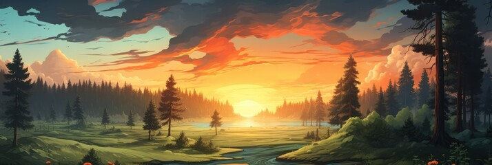 illustration of sunset in a tall green forest, generative AI