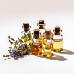 Essential oils in bottles with a sprig of lavender on a white background