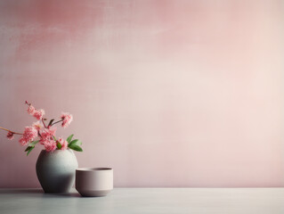 Powder pink wall with whitewashed areas with a pot and a flower. Background.