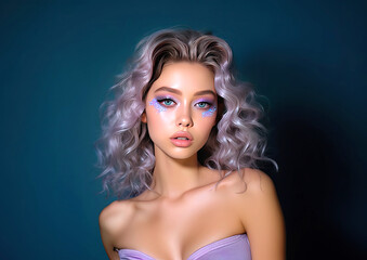 Beautiful young woman with trendy makeup and lilac hair on a blue background