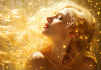 portrait of the young woman with golden hair, glittery and shiny