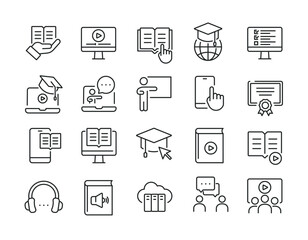 School and education simple minimal thin line icons. Related E-learning, education, online school, webinar. Editable stroke. Vector illustration. - obrazy, fototapety, plakaty
