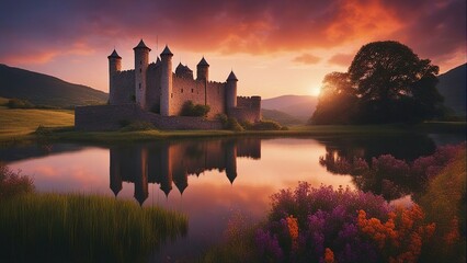 An ancient stone castle, intricately carved and surrounded by a moat, set against a backdrop of rolling green hills and a sky painted with hues of orange and purple as the sun sets - Powered by Adobe