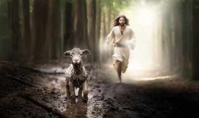  Divine Redemption: Lord Jesus Christ, Saving a Lost Lamb. Religion. - obrazy, fototapety, plakaty