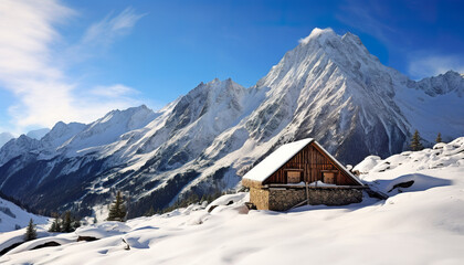 Wooden house and mountain with snow. 