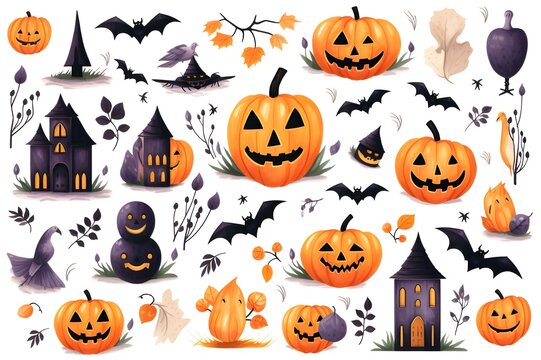 Set of halloween silhouettes icon and character. Vector illustration. Isolated on white background