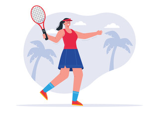 Exercise flat vector illustration. Girl playing badminton