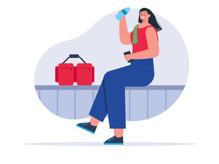 Woman having water after workout. Exercise flat vector illustration.