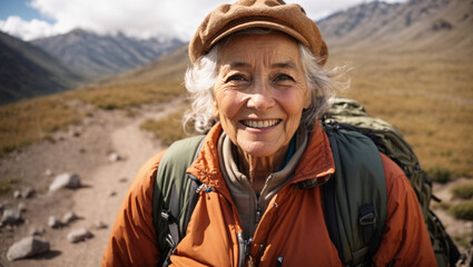 elderly backpacker woman trekking in the mountains, in Argentine Patagonia, ascending to the peak, nomadic lifestyle, world travel - obrazy, fototapety, plakaty