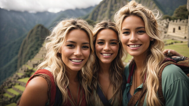 triplet sisters taking selfie smiling at machu picchu ruins, peru, family vacation, world travel