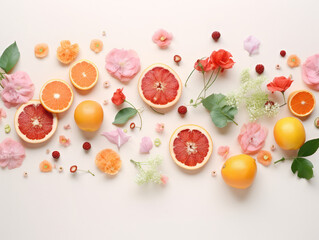 Composition of fruits and flowers. Flat lay.