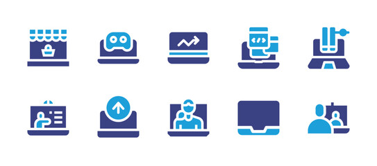 Laptop icon set. Duotone color. Vector illustration. Containing laptop, gaming, output, online store, online library, online class, online, statistic, video conference.