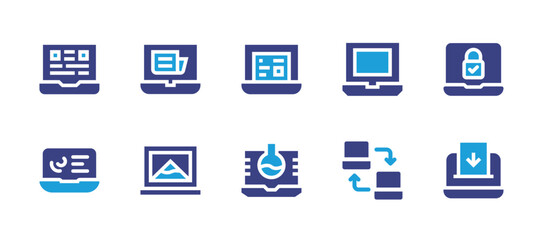 Laptop icon set. Duotone color. Vector illustration. Containing laptop, sharing, lock, electronic vote, newspaper, online learning.