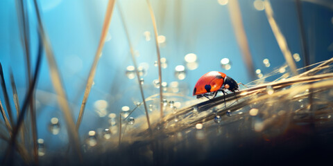 Ladybug in wild field grasses illuminated by soft yellow and blue light