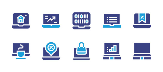 Laptop icon set. Duotone color. Vector illustration. Containing laptop, trade, binary, online shopping, smart home, coffee.