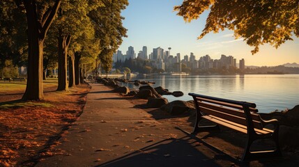 Sunrise with beautiful city background, lakes and green parks - obrazy, fototapety, plakaty
