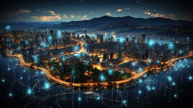 City view at night with futuristic smart city connecting point technology concept with 5G smart phone