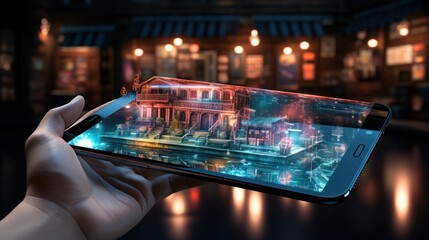 closeup image of hand holding smart phone with hologram display