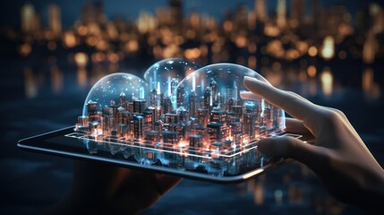 Cloud technology in smart city concept, human hand carrying digital tablet, megapolis city skyscrapers and digital social networks