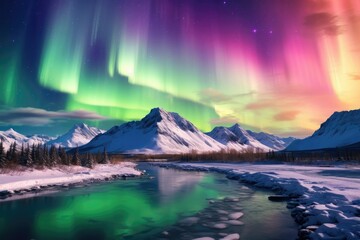 Frozen tundras glisten in the aurora's embrace, ethereal colors dancing above icy landscapes.