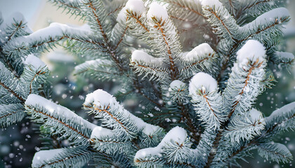 Spruce branches pattern soft colors, falling snow. Generative AI