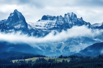 Majestic mountains tower, veiled in mist, their peaks brushing cerulean skies.