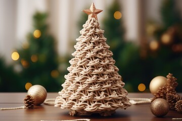 christmas tree with decorations. knitted Christmas tree as a gift.  toy tree for the holiday.  cool tree made of threads - obrazy, fototapety, plakaty