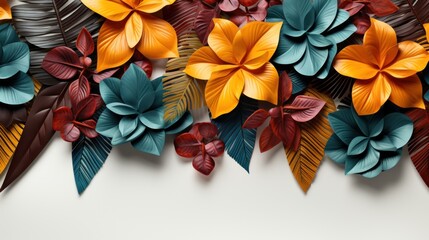 Creative layout made of colorful tropical leaves on a white background.