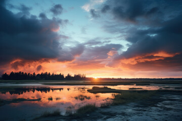 Fototapeta na wymiar Sunset over the lake in the countryside