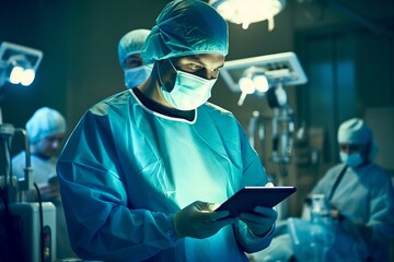 surgeon looking at a tablet electronic device, doctor using smart technology in a surgery - obrazy, fototapety, plakaty