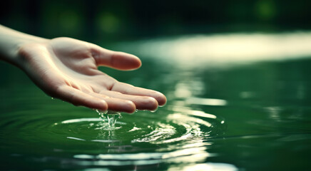A hand touching the surface of a lake - obrazy, fototapety, plakaty
