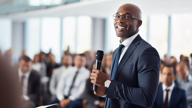 African american businessman giving a speech at conference - Powered by Adobe