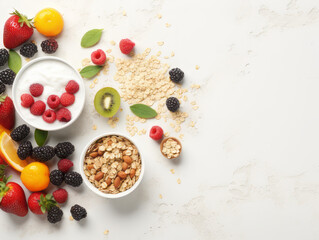 Healthy breakfast with fruits, berries of yogurt and muesli. Flat lay.