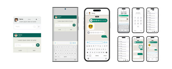 Realistic smartphone showcasing a messaging app, complete with a blank SMS text frame. Messenger chat screen with green message bubbles, representing a social media application. Vector illustration.
